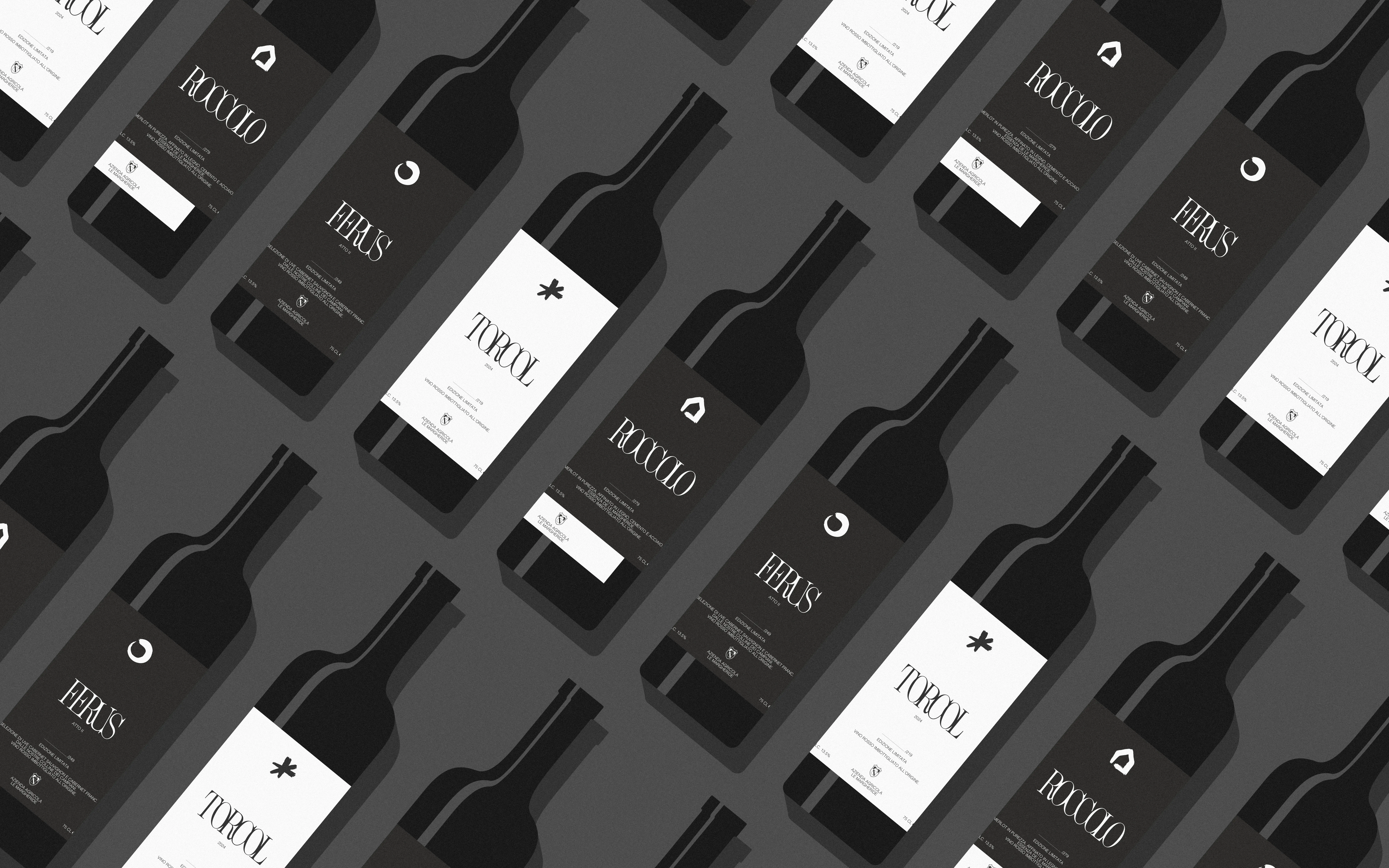 Tre bottiglie di vino Le Margheride con etichette progettate - risultato finale del packaging design