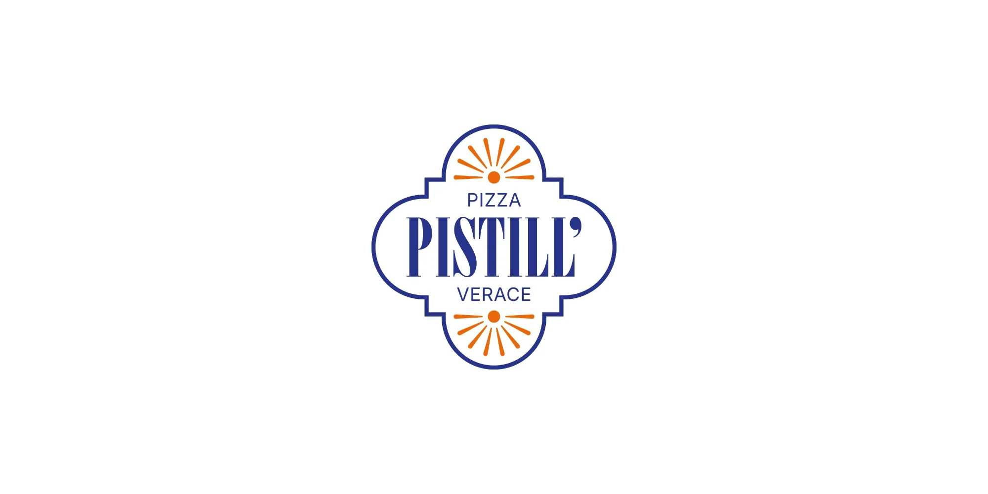 Logo di Pistill', brand identity per pizzeria verace napoletana: cornice a maiolica blu e raggi arancioni