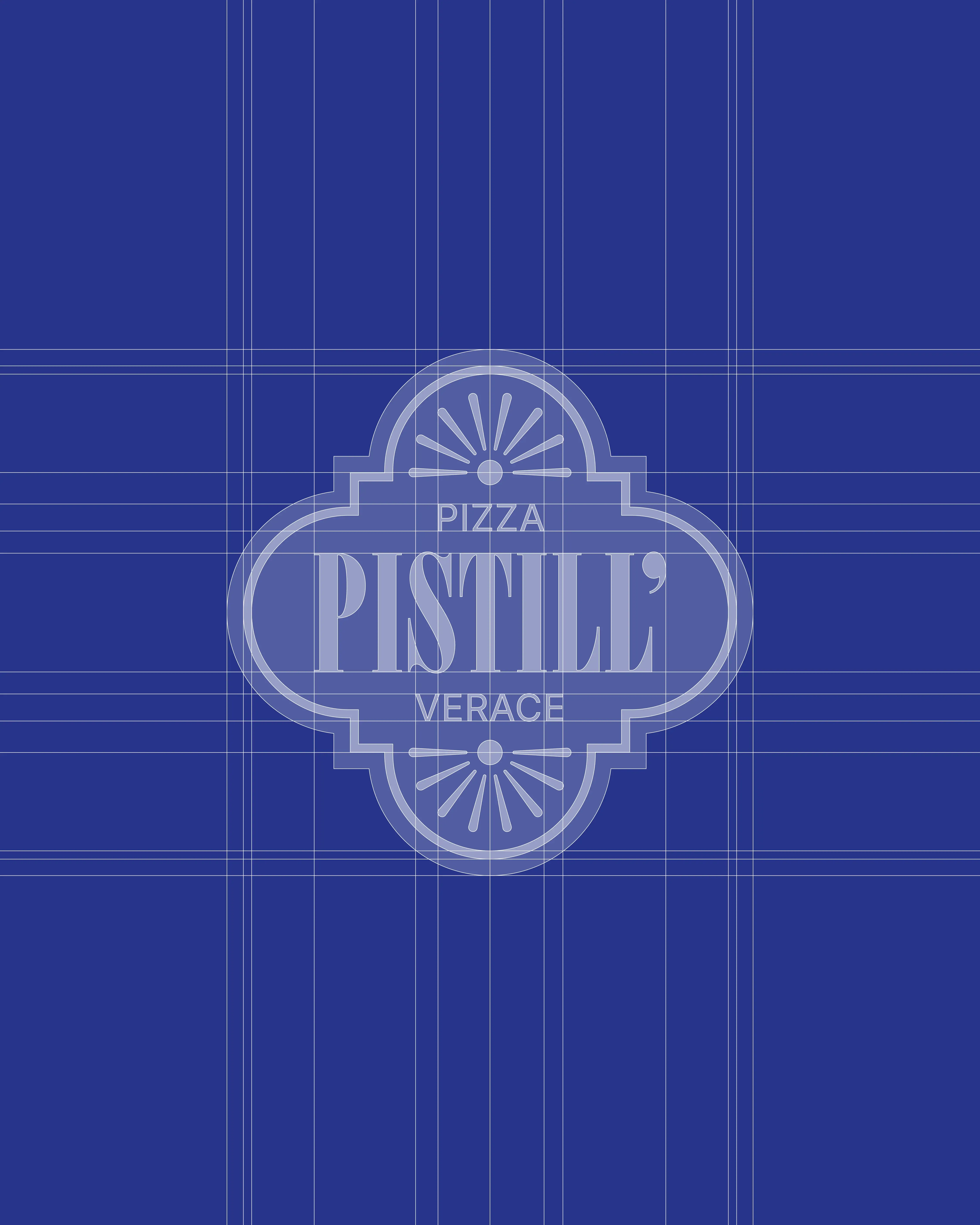 Griglia di costruzione del logo Pistill', cuore dell'identità visiva: cornice a maiolica e lettering con grazie