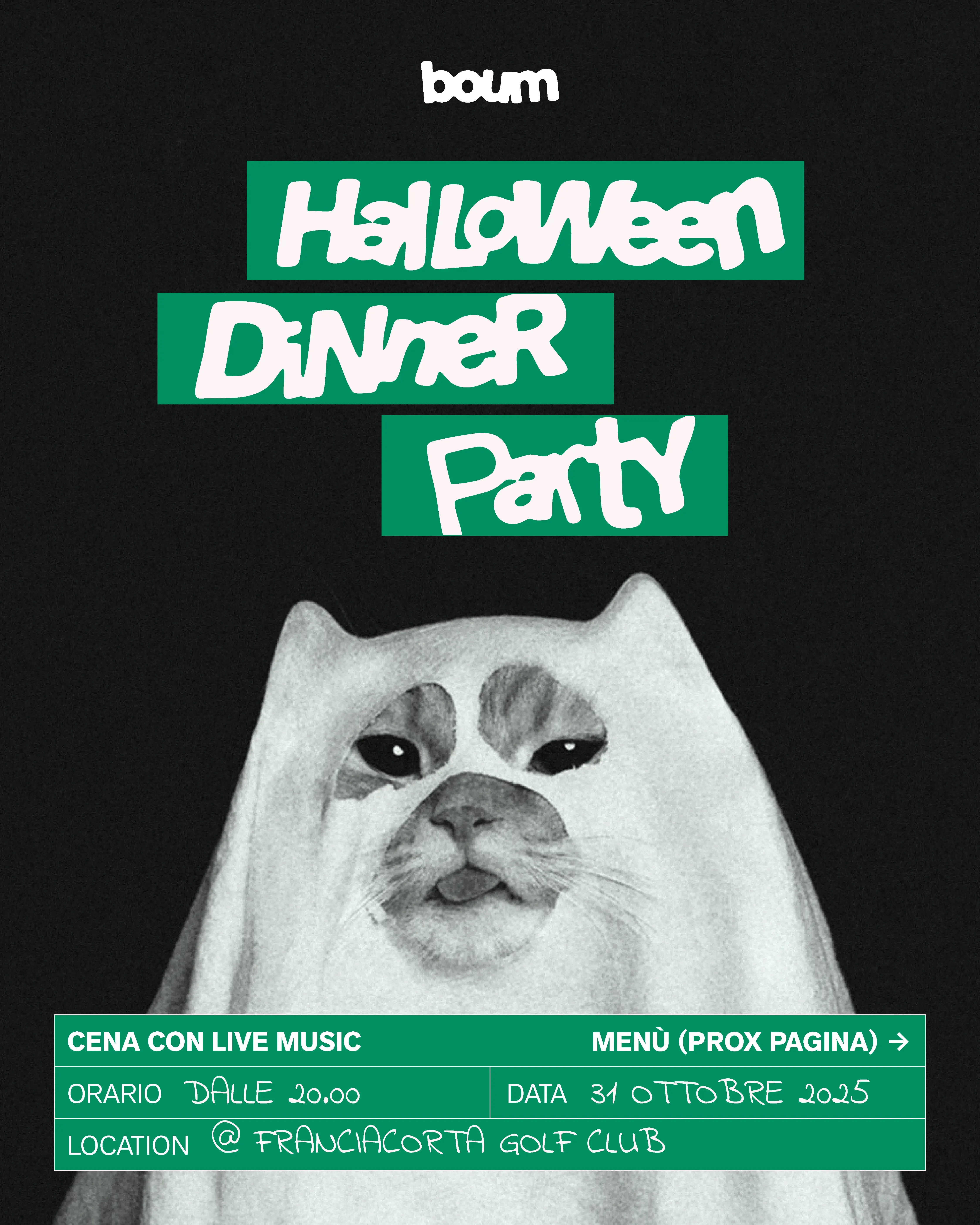 Locandina Halloween Dinner Party di Boum con gatto vestito da fantasma