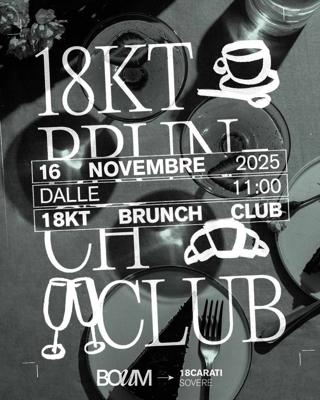 Locandina del 18KT Brunch Club, con tavola apparecchiata e disegni di croissant e calici
