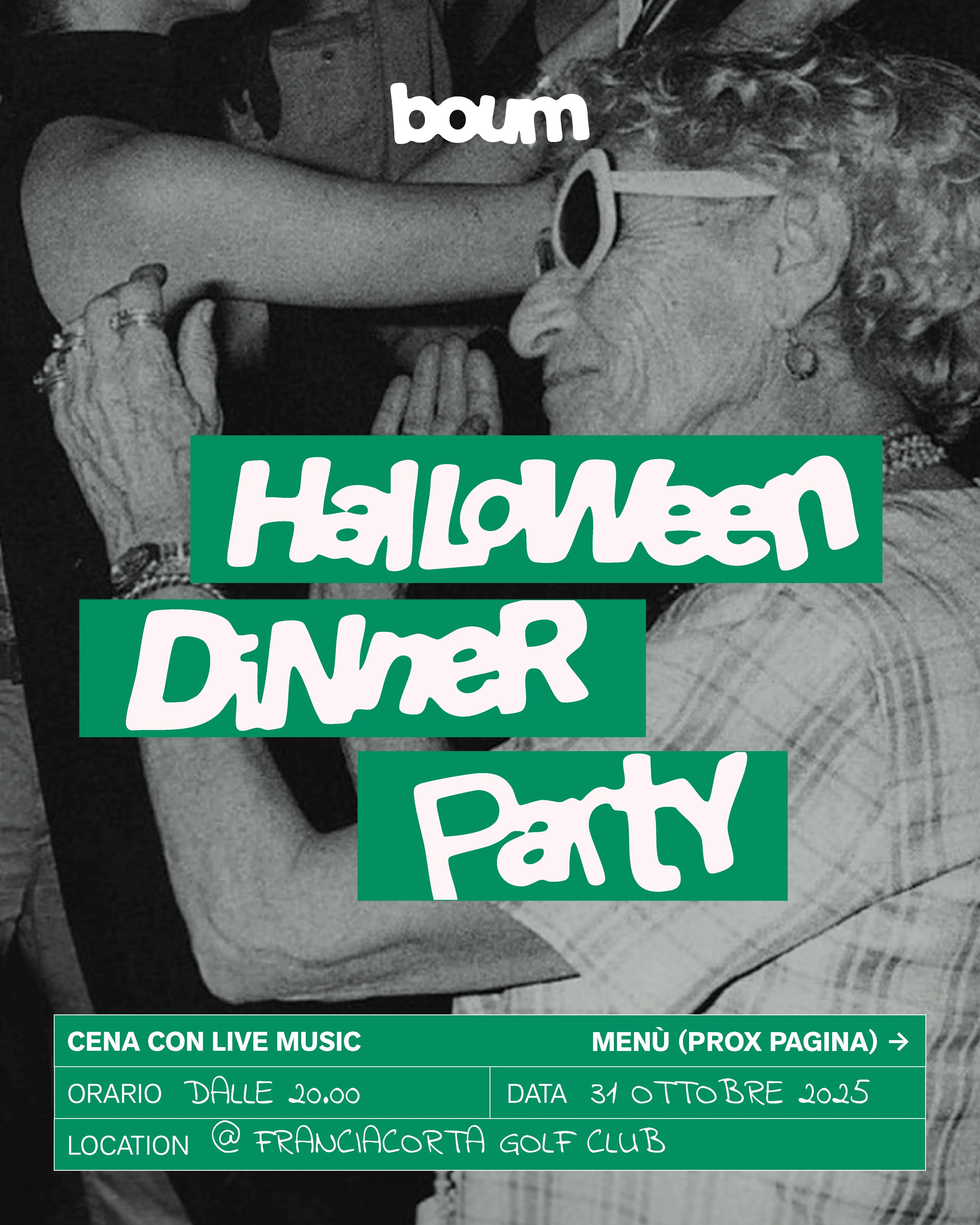 Locandina Halloween Dinner Party con fotografia in bianco e nero di una coppia che balla