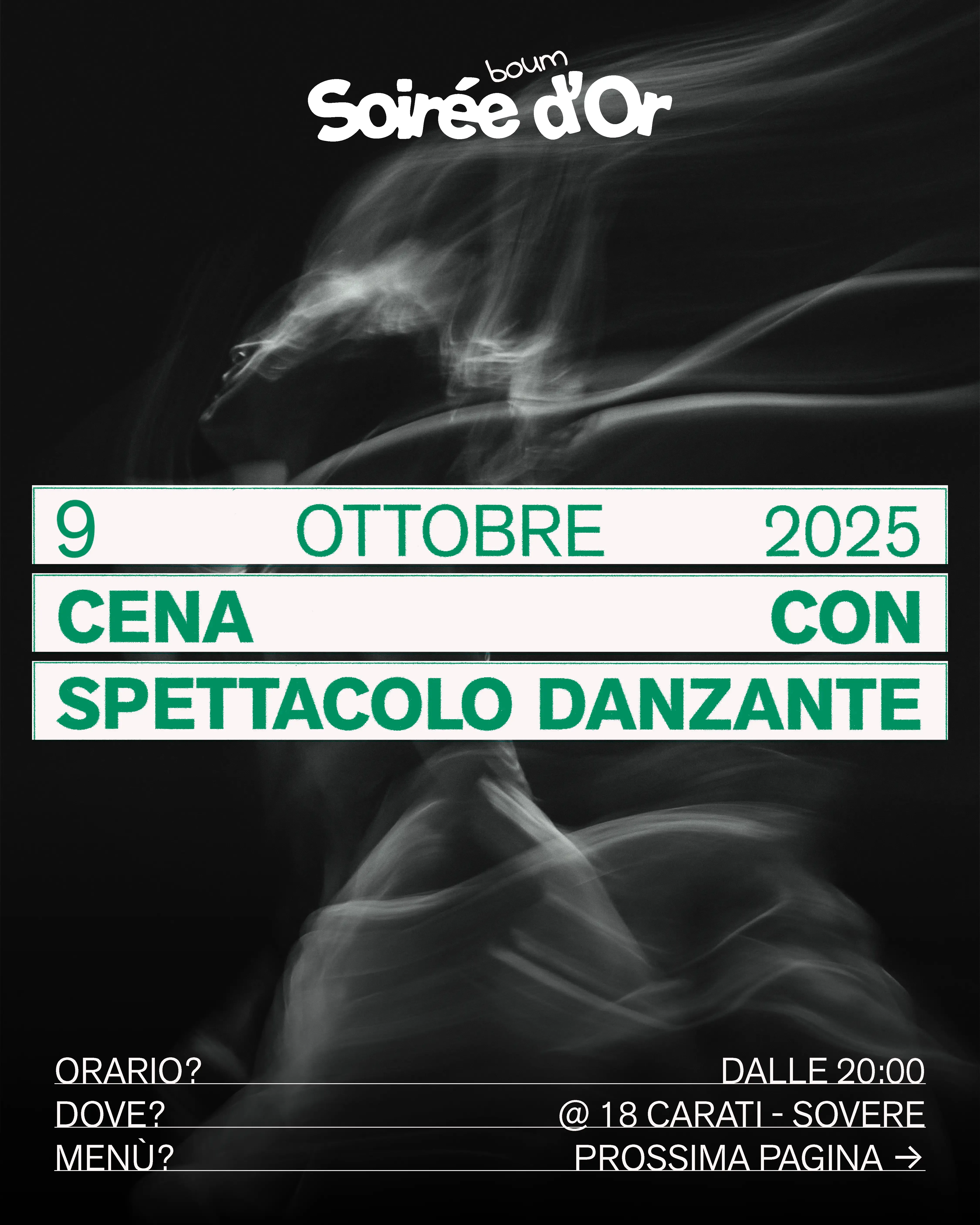 Locandina Soirée d’Or, cena con spettacolo danzante: figura in movimento su fondo nero