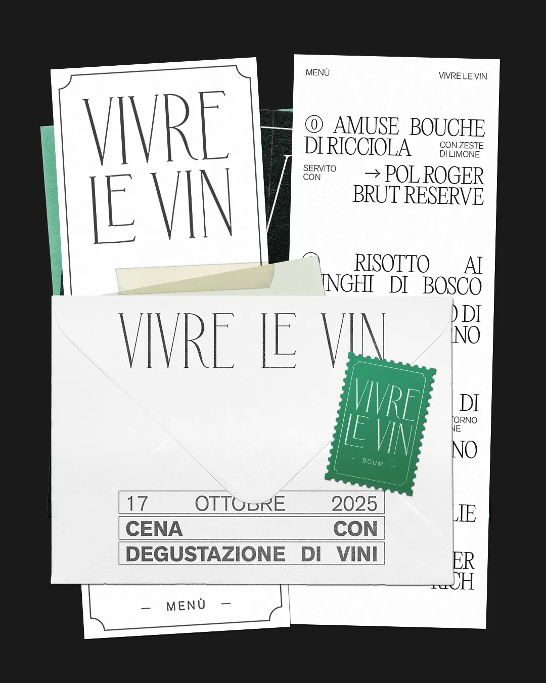 Locandina Vivre le Vin per la cena con degustazione di vini: busta, francobollo e menù