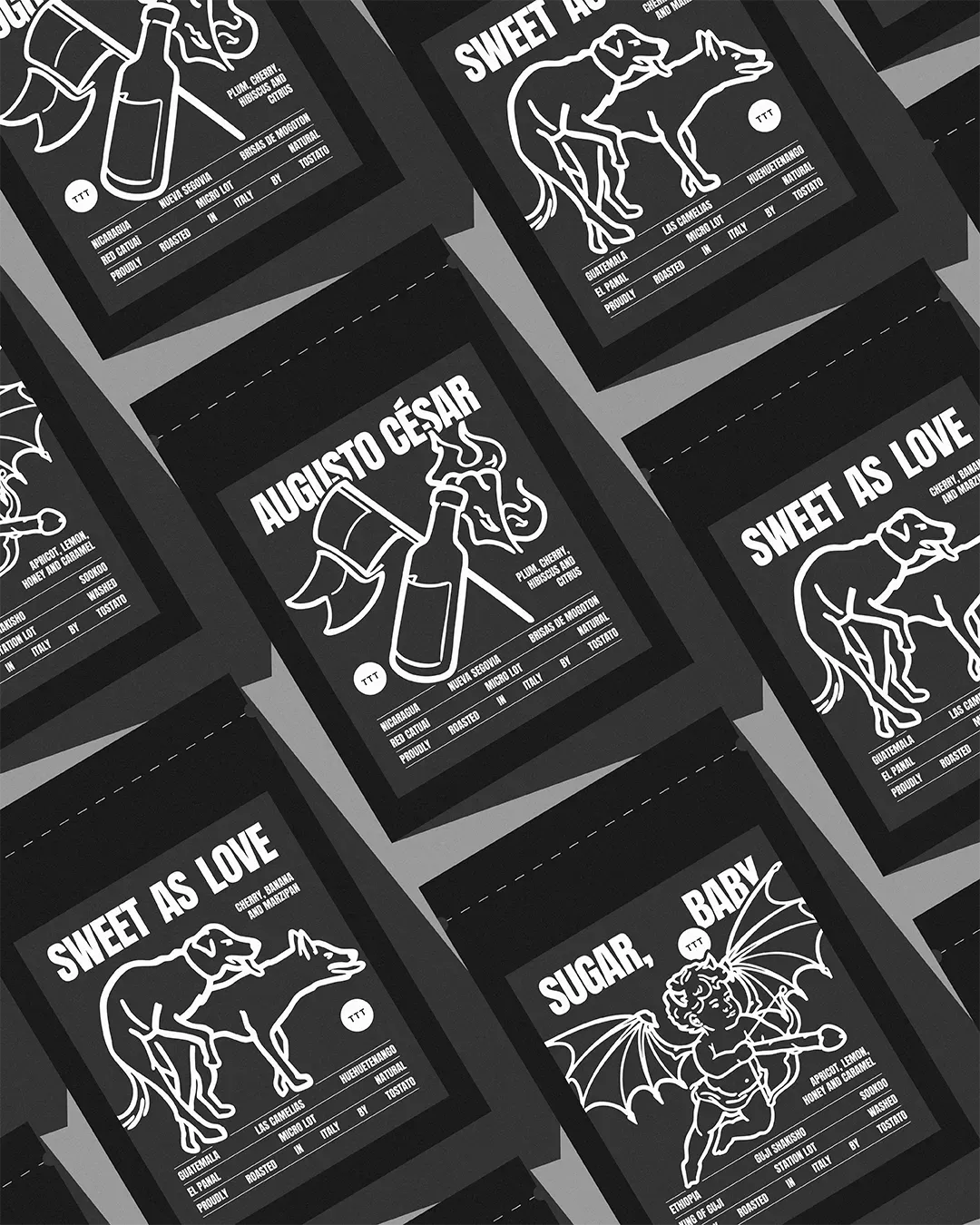 Sviluppo del concept grafico per le etichette caffè specialty Tostato con bozze e studi preliminari