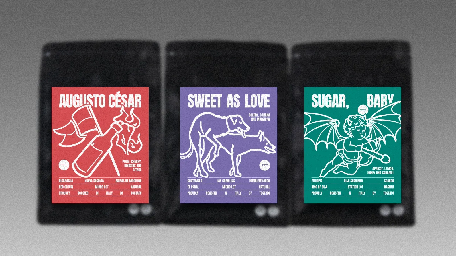 Label design audace e grezze per Tostato con illustrazioni a mano libera su packaging caffè specialty